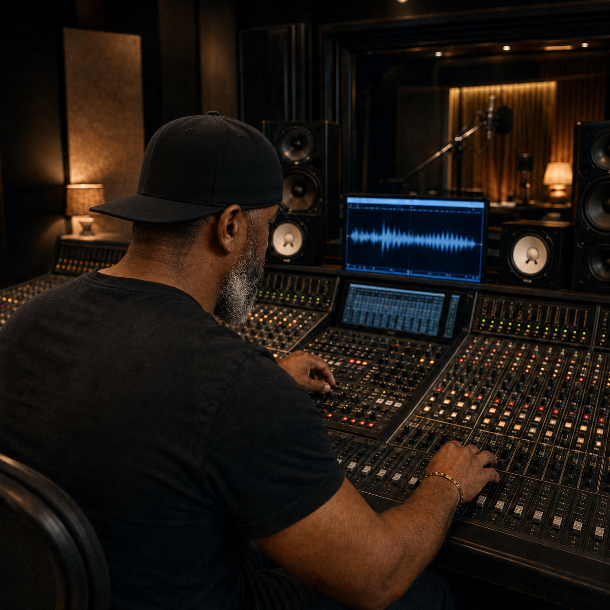 DJ KC MONEY working at a recording studio mixing desk